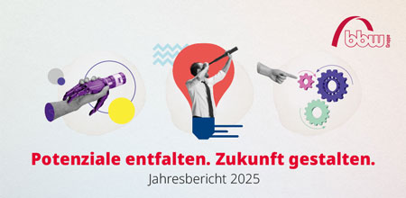 bbw-Jahresbericht 2025 Drei Icons: eine menschliche Hand umfasst eine Roboterhand. Ein Mann schaut durch ein Fernrohr und ein Finger zeigt auf bunte Zahnräder.